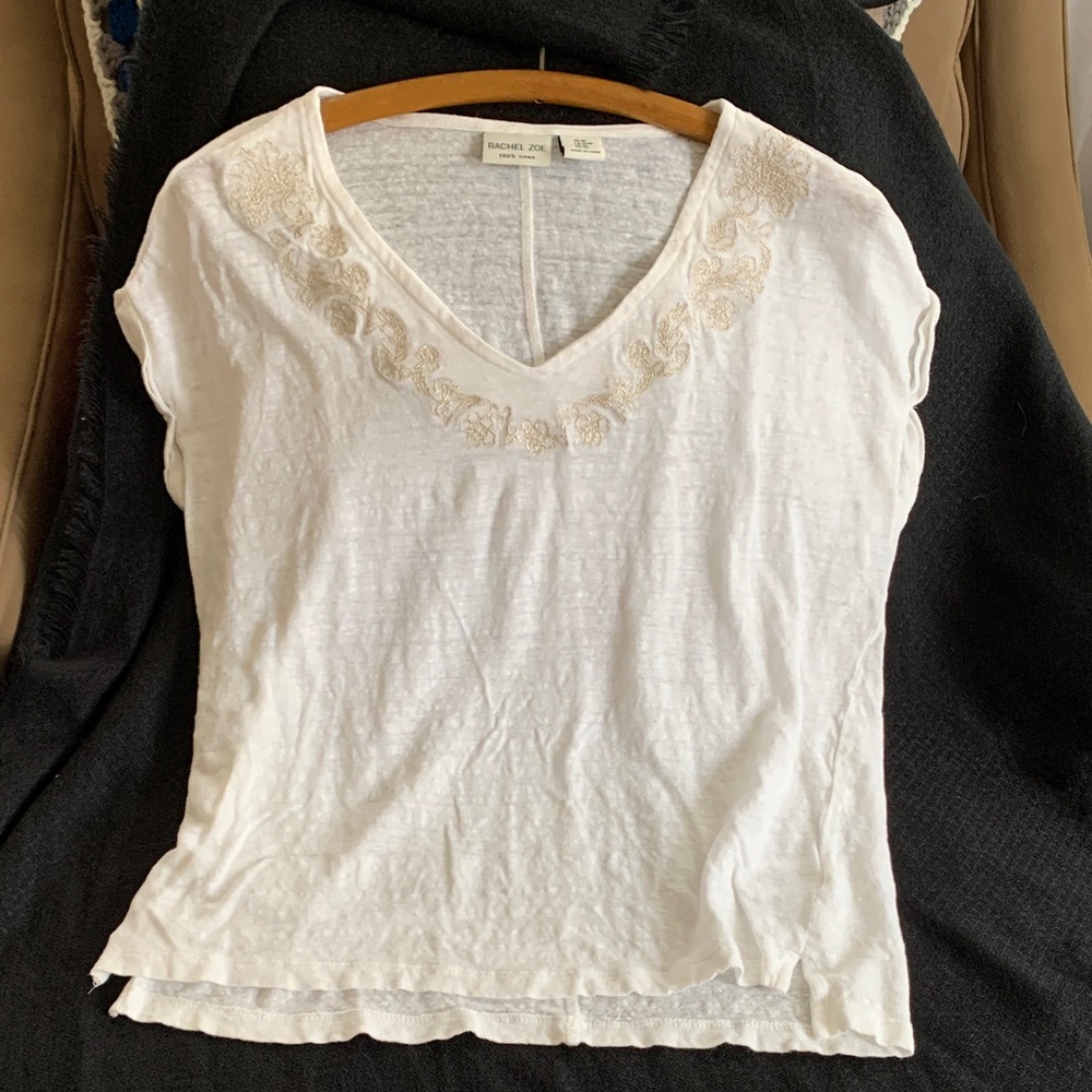 Rachel Zoe women’s linen top with decorative embroidered gold thread neckline; M